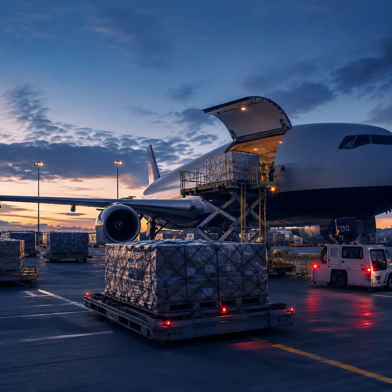 Freight pallets staged on the apron beside a cargo aircraft during loading