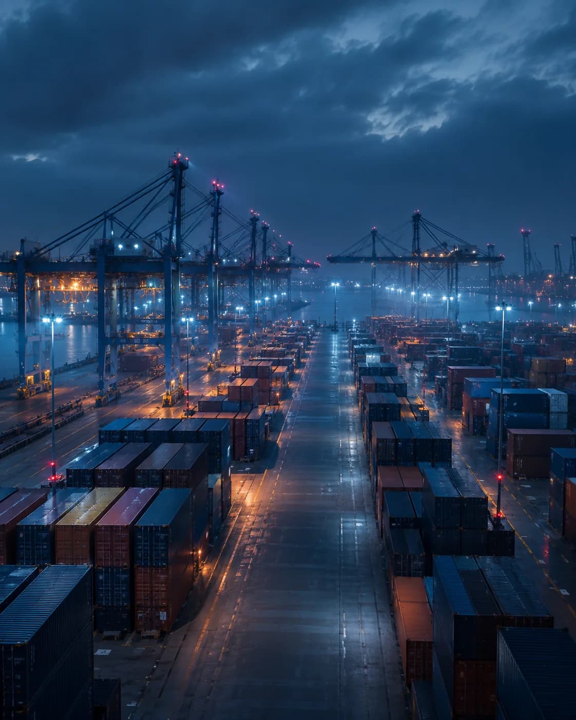 Container yard at night with gantry cranes and marked container rows