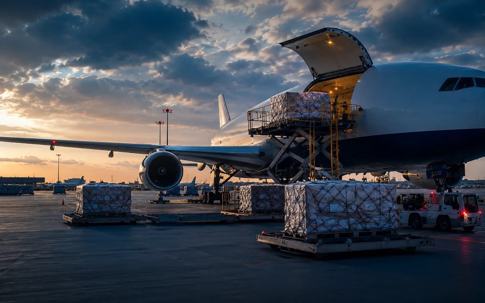 Freight pallets being loaded into a wide-body cargo aircraft at night