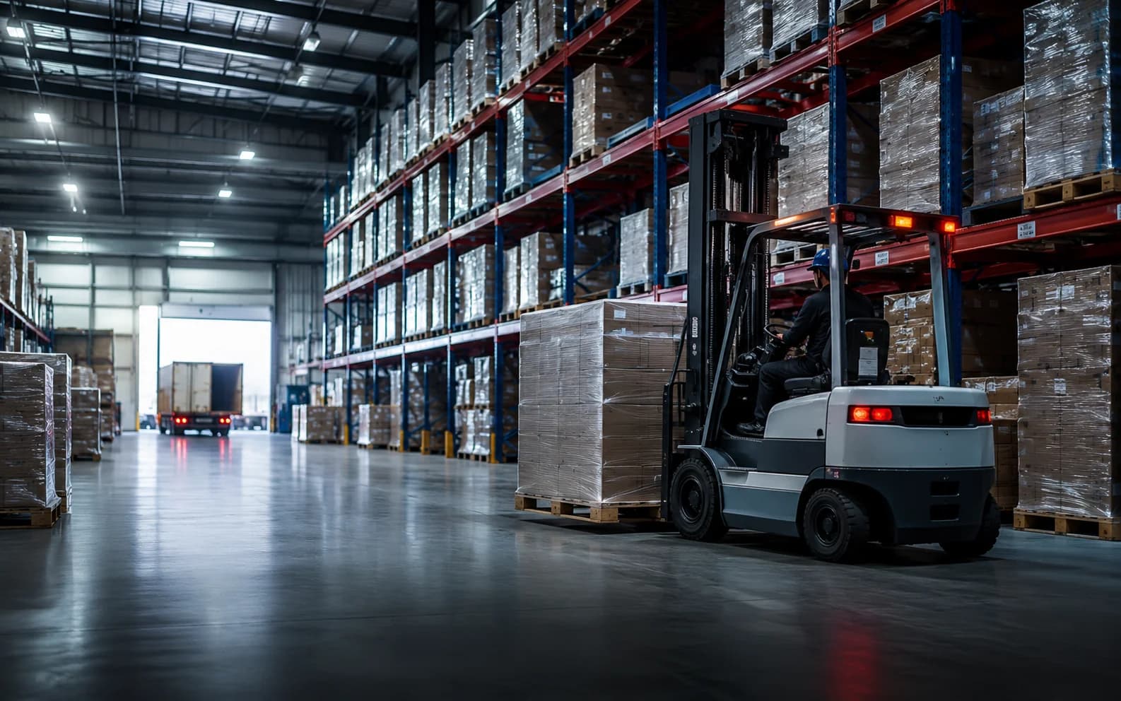Shrink-wrapped commercial pallets being moved by forklift in a distribution warehouse