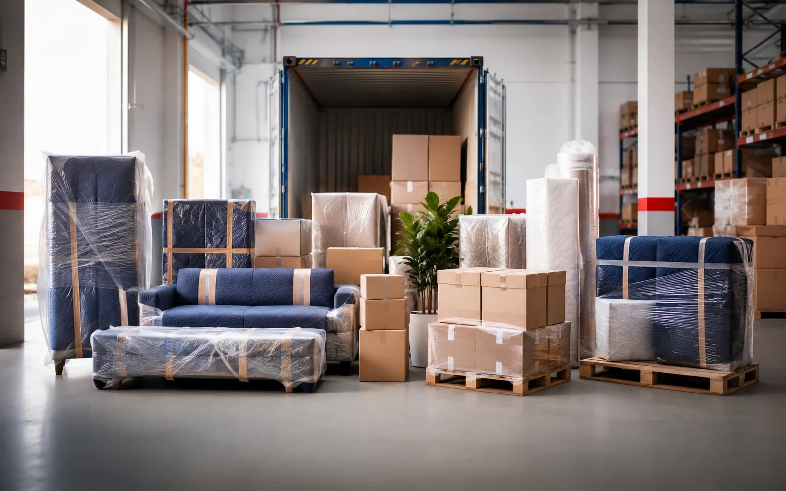 Carefully packed household boxes and furniture protected for export shipping
