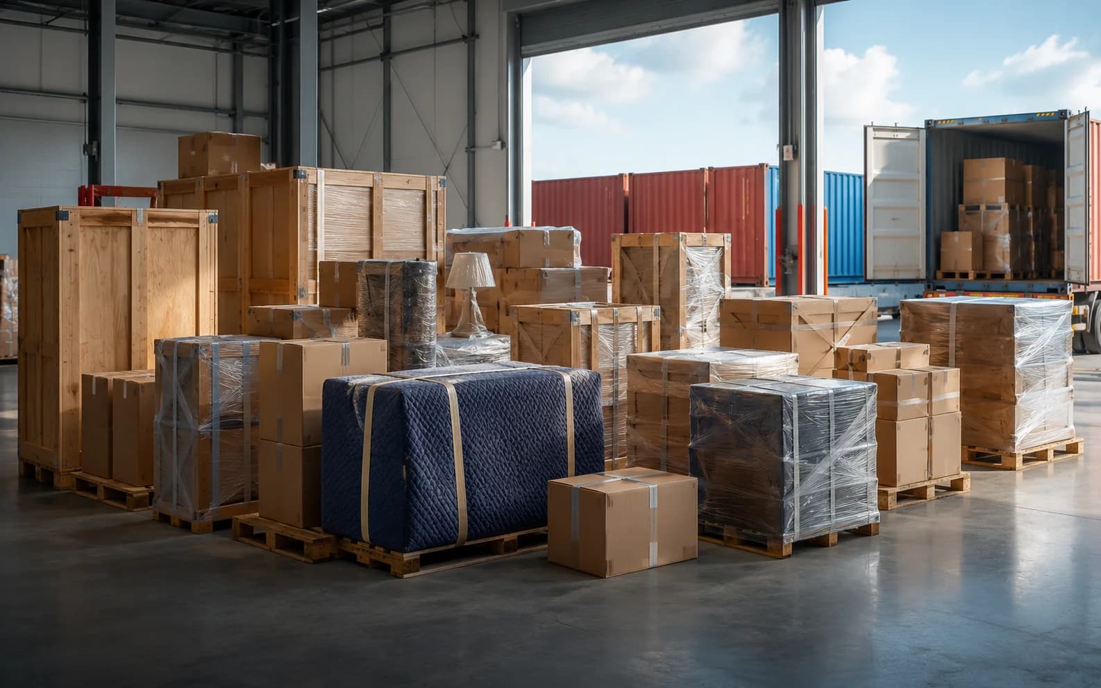 Packed and labelled moving crates staged in a clean export warehouse