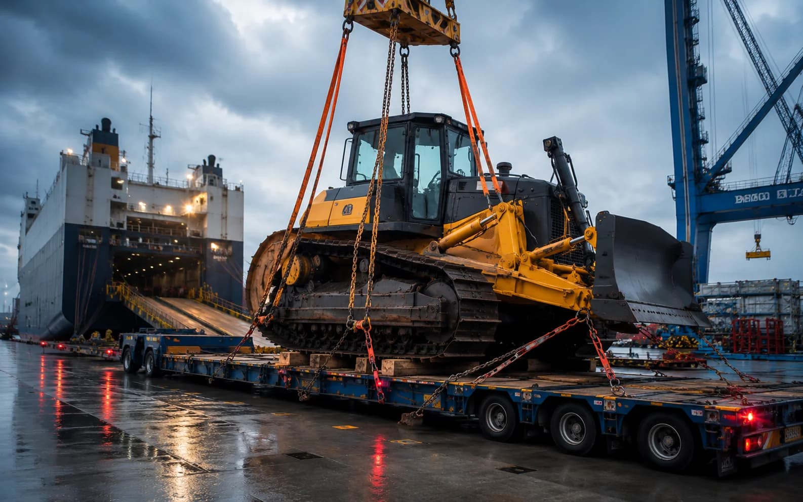 Heavy construction machinery being lifted by crane onto a transport vessel