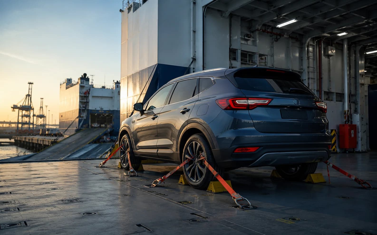 Car secured to a roll-on roll-off deck ready for vehicle shipping